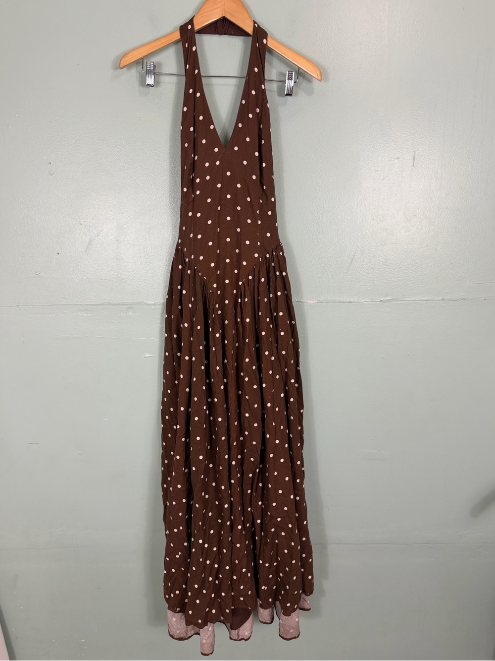 Hutch polka dot halter drop waist dress brown size 6 FLAWED
